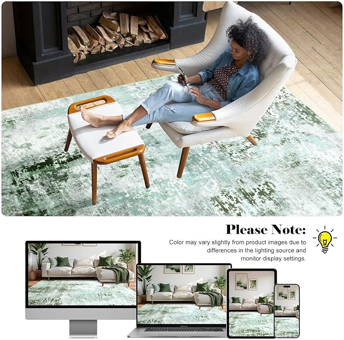 Washable Abstract Rug, 4x6 Modern Area Rugs with Non-Slip Rubber Backed for Living Room, Thin but Soft Contemporary Carpet Kitchen Bedroom Decor, Green