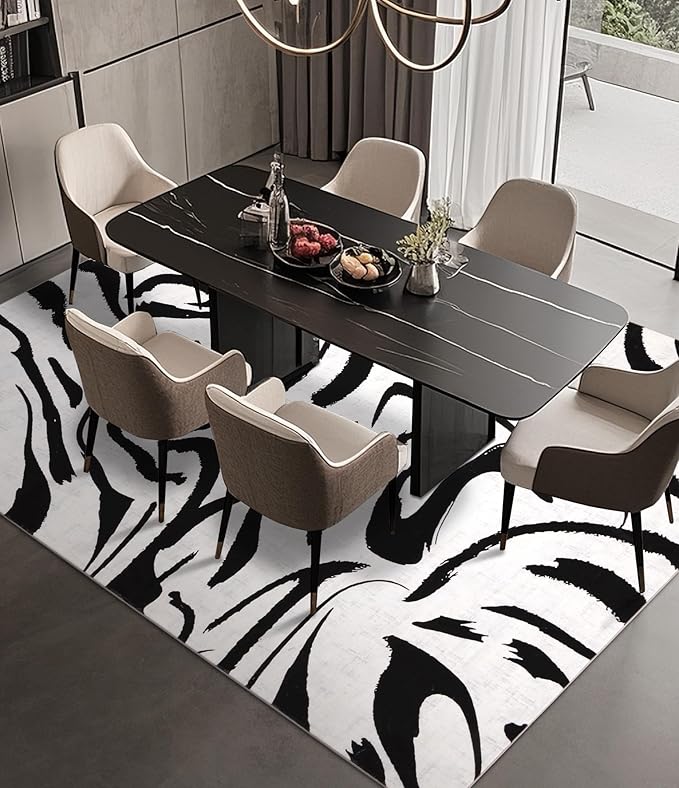 YIHOUSE Modern Area Rugs for Bedroom,5x7 Washable Black and White Rug, Thin Abstract Geometric Minimalist Striped Rug, Black Rugs for Bedroom,Kitchen,Dining Room Office