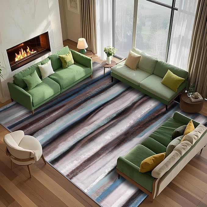 4x6 Abstract Rug for Entryway, Modern Stripe Washable Indoor Entry Way Area Rugs, Soft Non-Slip Door Mat Floor Carpet for Dining Room Kitchen Bedroom - Blue/Brown/Multi
