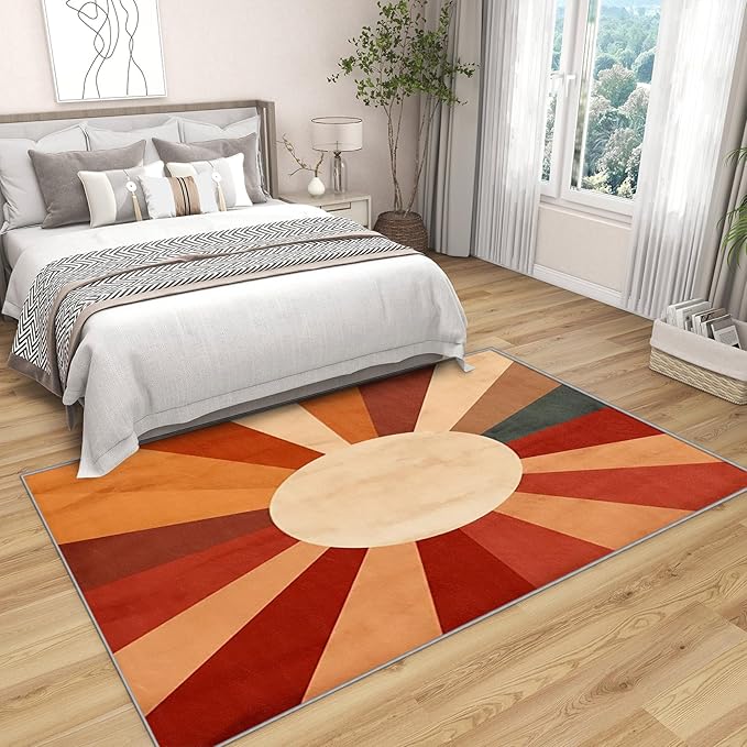 70s Rugs for Living Room - 2x3 ft, Retro Sun Rug, Mid Century Sun Area Rug, Red and Orange Washable Door Mat for Entryway, Kitchen, Boho Retro 70s Home Decor & Gifts