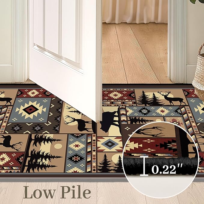 Rustic Cabin Wildlife Long Runner Rug 2x6 Throw Rug,Buffalo Plaid Bear Moose Deer Country,Vintage Area Rug Washable Hallway Rugs Non-Slip Floor Carpet Runner for Bedroom Laundry Room Entrance Door Mat
