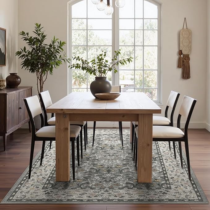 Bavni 5x7 Area Rugs for Living Room, Floral Rug Machine Washable Non Slip, Vintage Boho Forest Carpet, Soft Low Pile Thin Lightweight Rugs for Bedroom, Farmhouse, Dining Room Office, Mist Grey/Ivory