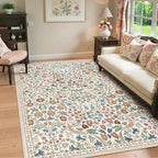 Lahome Floral 5x7 Beige Bedroom Rug, Non-Slip Washable Area Rugs for Nursery, Botanical Soft Boho Carpet Floor Mats for Kids, Playroom, Living Room