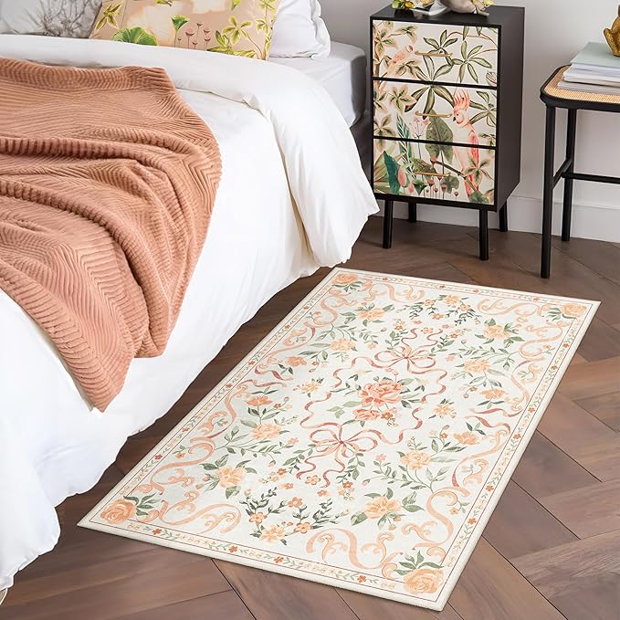 Orange Rug Bow Floral Rug for Girls, 2x3 Washable Small Area Rug for for Entryway, Kitchen, Front Door Indoor Entrance, Non Slip Carpet for Bathroom Bedroom Living Room