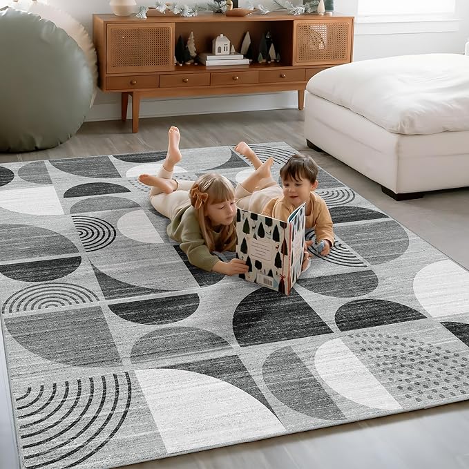 MUJOO Washable Rug Black,4x6.5 Area Rugs for Bedroom Entryway Living Room Bedside,Small Boho Throw Floor Carpet Non Slip Soft Indoor Modern Abstract Black and Grey