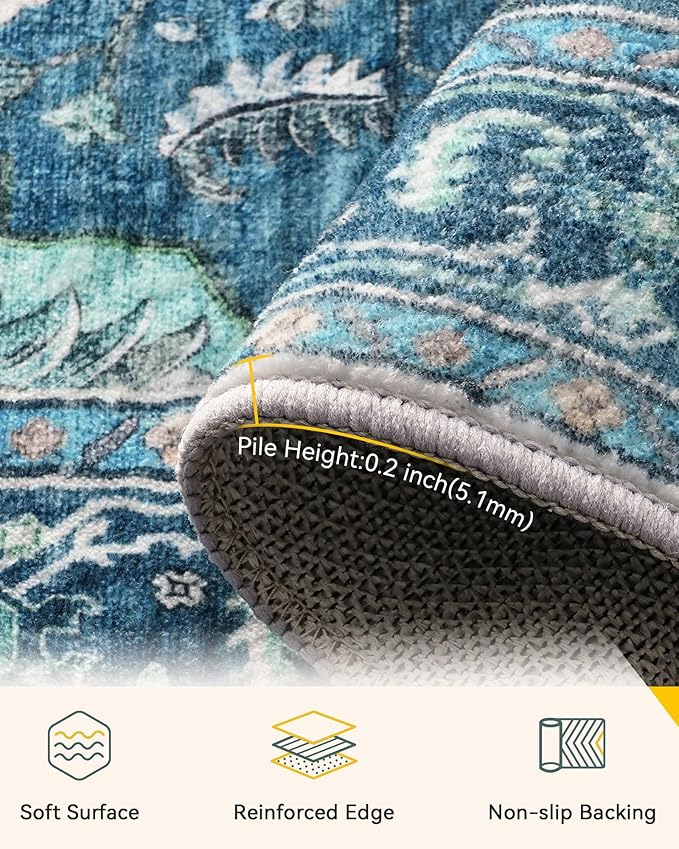 Area Rugs 7'x9' Washable Non-Slip, Floral Vintage Distress Print Pattern Medallion Carpet for Living Room Bedroom Dining Room, Teal Green Lake Blue Turquoise