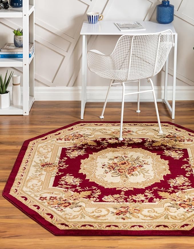 Rugs.com Chateau Collection Rug – 8' Octagon Red Medium Rug Perfect for Living Rooms, Kitchens, Entryways