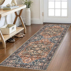 KOZYFLY Runners for Hallways 2x6 Ft Washable Kitchen Runner Rug Boho Runner Rug for Entryway Indoor Printed Oriental Faux Wool Floor Carpet Runner for Bedroom Kitchen Hall, Red/Navy Blue/Brown