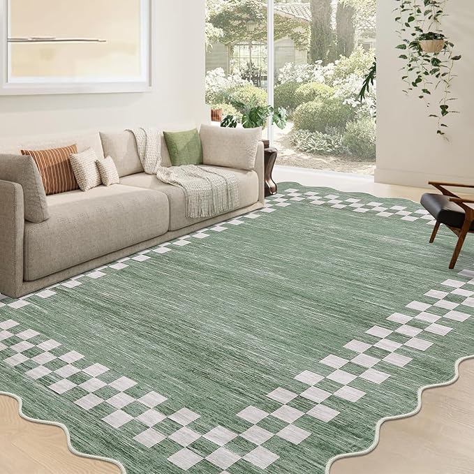 GarveeHome Washable Rug 5x7 for Living Room Large Bedroom Scalloped Rug Non Slip Stain Resistant Modern Border Throw Carpet Soft Boho Rug for Dining Room Nursery Home Office, Green