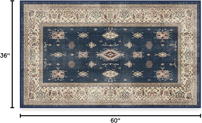 RUGGABLE Washable Vintage Area Rug – Verena Sapphire 3x5, Stain-Resistant, Non-Slip – Small Machine Washable Rugs for Living Room, Bedroom, Hallway, Entryway & Office–with Cushioned Pad