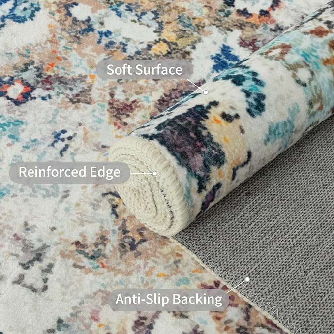 Easy-Going Round Rug 6ft Area Rug Washable Boho Circle Rugs for Living Room Non-Slip Bedroom Rug Low Pile Lightweight Medallion Distressed Throw Rug for Dining Room Kitchen Home Office, Vintage Multi