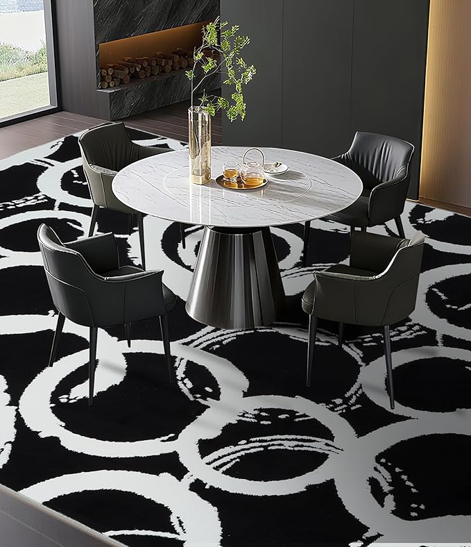 YIHOUSE Black Modern Geometric Area Rug 8x10, Black and White Rug with Abstract Circles,Non-Shedding Washable Rugs for Bedroom, Home Office and Living Room