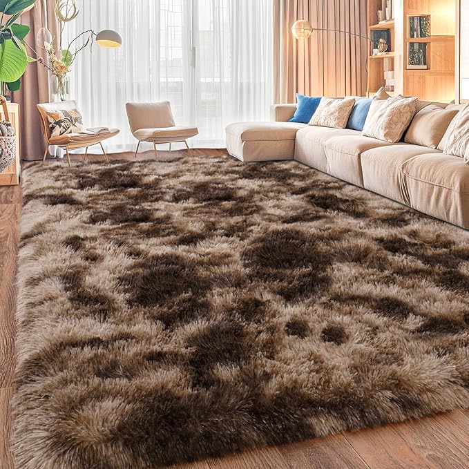 Upgrade Non-Slip Plush Rugs for Living Room, Soft Shaggy Carpets for Living Room, Fuzzy Rugs for Kids' Room, Perfect Decor for Modern Home Tie Dye Coffee 5x7Feet