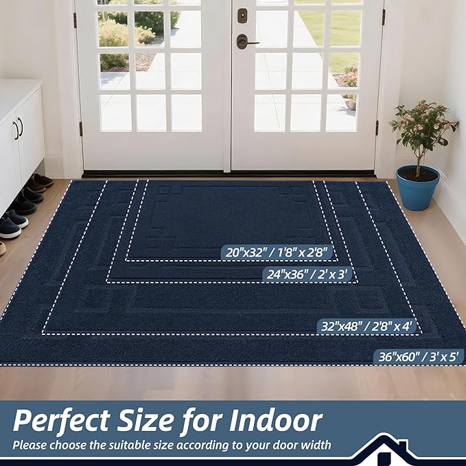 BEQHAUSE Door Mat 20" x 32", Non-Slip Door Mats Indoor Entryway Rugs Washable Low-Profile Absorbent and Stain Resist Floor Mats, Dog Door Mat for Front Back Door, Muddy Wet Shoes & Paws, Navy Blue