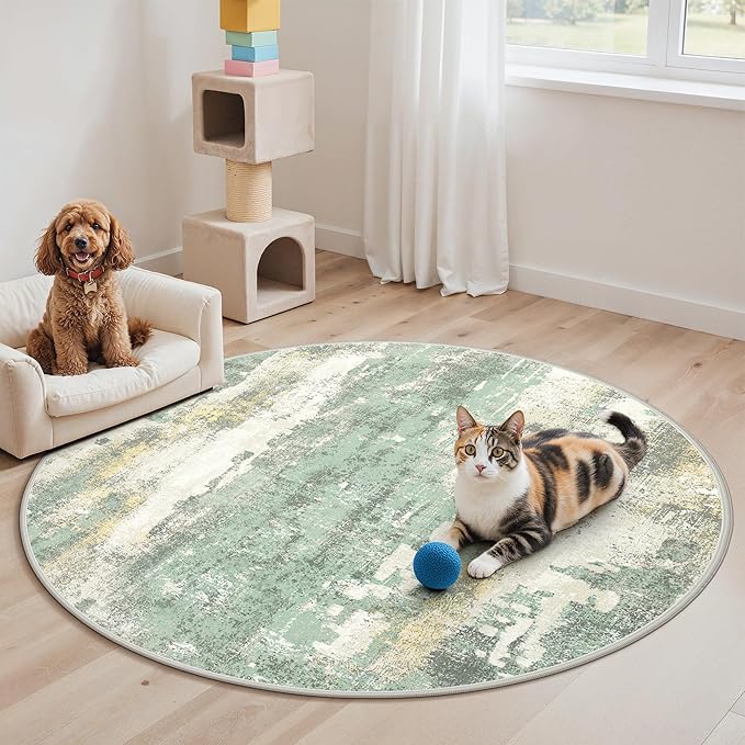 GENIMO Round Area Rugs 5FT for Living Room, Washable Circle Rug Low Pile, Non Slip Abstract Carpet for Bedroom, Enytryway, Kitchen, Light Green