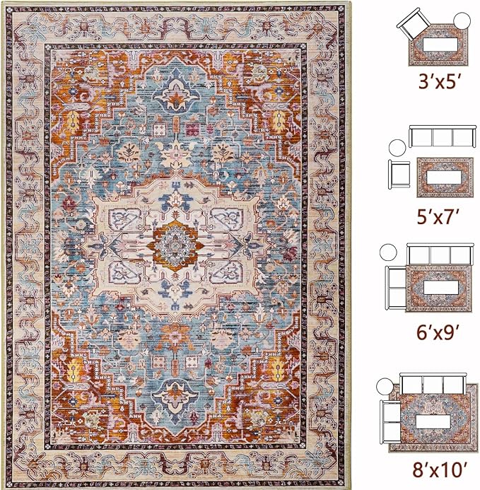 8x10 Large Area Rugs for Living Room, Washable Vintage Rugs-Low Pile Carpet, Non-Slip Soft Distressed Printed Patterns Rugs for Bedroom, Dining Room, Rust Brown