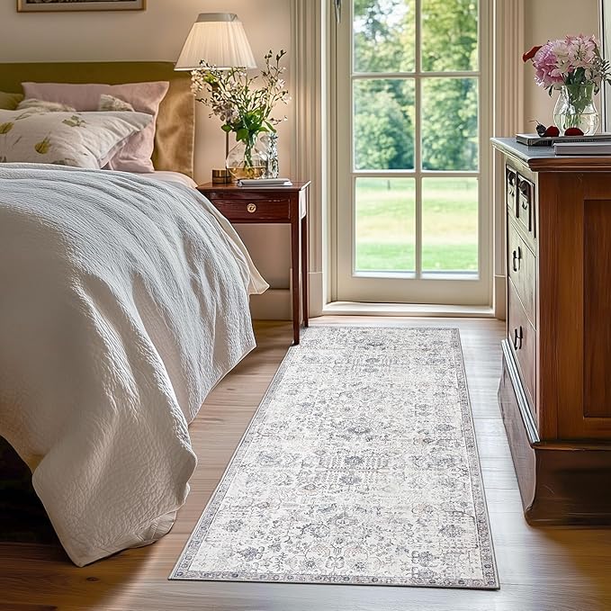 jinchan Kalen Runner Rug 2x6 Washable Hallway Rug Vintage Indoor Thin Retro Floor Cover Distressed Gray Floral Country Lightweight Non Slip Carpet for Entryway Bathroom Bedroom Living Room Grey