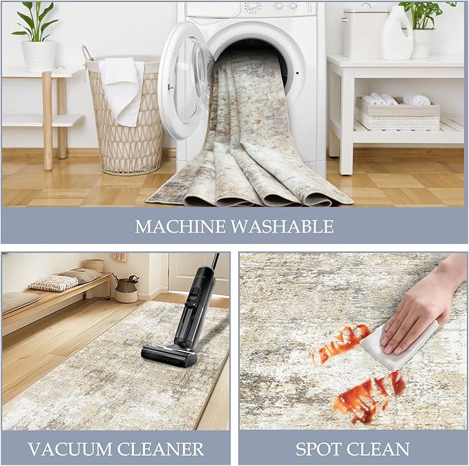 Washable Area Rugs 7'x9' Non-Slip Modern Abstract Soft for Living Room Entryway Bedroom Nursery, Print Pattern, Neutral Brown Gray