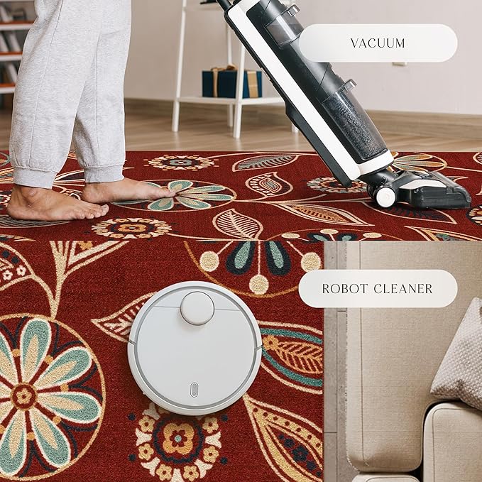 Maples Rugs Reggie Floral Runner Rug - Made in USA - Washable, Non Slip Indoor Carpet for Kitchen, Hallway, and Laundry Room, 2' x 9', Merlot