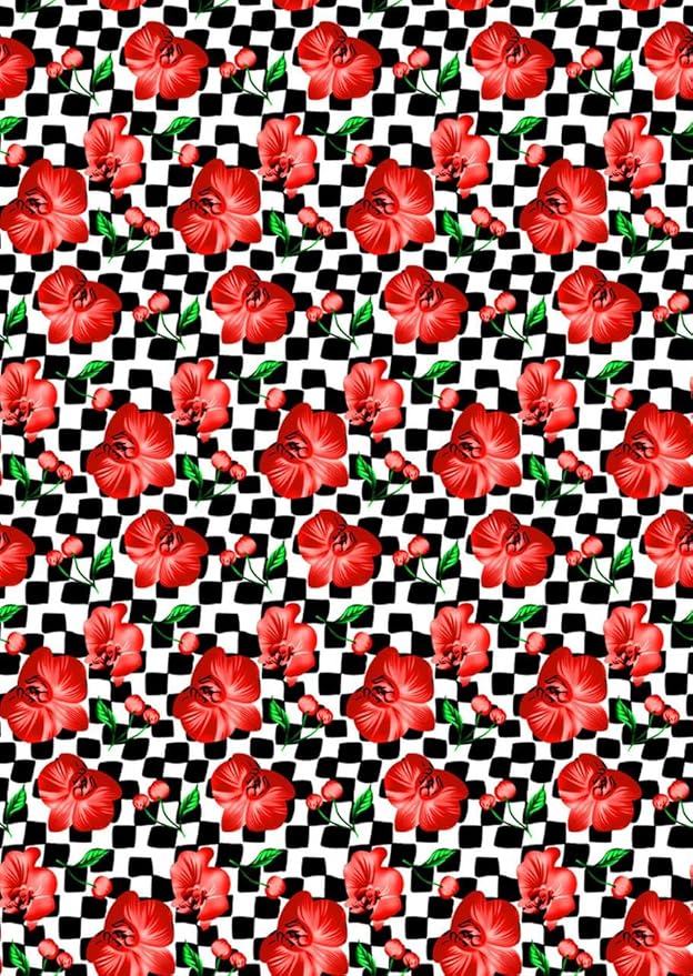 Black and White Checkerboard Pattern with Red Floral Pattern Area Rug for Living Room Bedroom Dining Room Office Guest Room Nursery Room Rustic Low Pile Thin Washable Indoor Mat 9x12