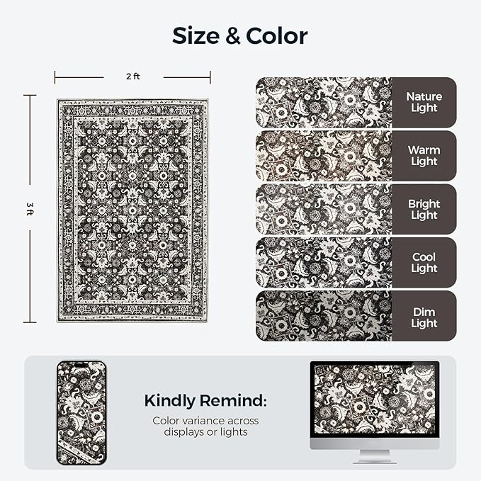 WITSHOCK Washable 2x3 Entryway Area Rug: Soft Non-Slip Backing Washable Rugs Vintage Flower Boho Accent Small Rugs for Bedroom, Kitchen, Bathroom, Nursery Entrance,Black