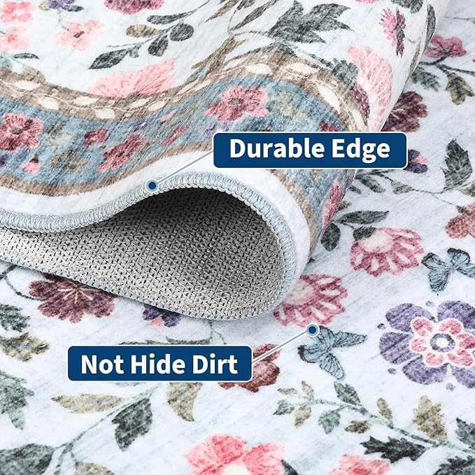 GarveeHome Large Washable Area Rug 10 x 13 for Living Room, Non-Slip Soft Vintage Rug, Low Pile Farmhouse Floral Carpet, Non-Shedding Foldable Printed Rugs for Bedroom, Light Blue