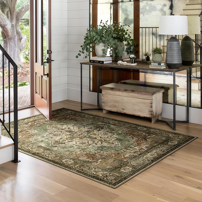 4x6 Machine Washable Area Rug for Living Room, Brown Green Boho Vintage Floral Rug Large Non-Slip Low Pile Soft Faux Wool Carpet, Kids and Pets Friendly for Bedroom Dining Room Farmhouse Decor Rug
