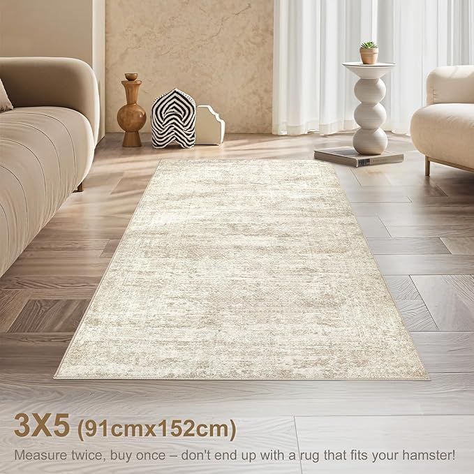 3x5 Area Rug Living Room Rugs - Washable Neutral Modern Abstract Soft Thin Rug Indoor Floor No Slip Rug Carpet for Bedroom Under Dining Table Home Office Decor - Beige/Brown