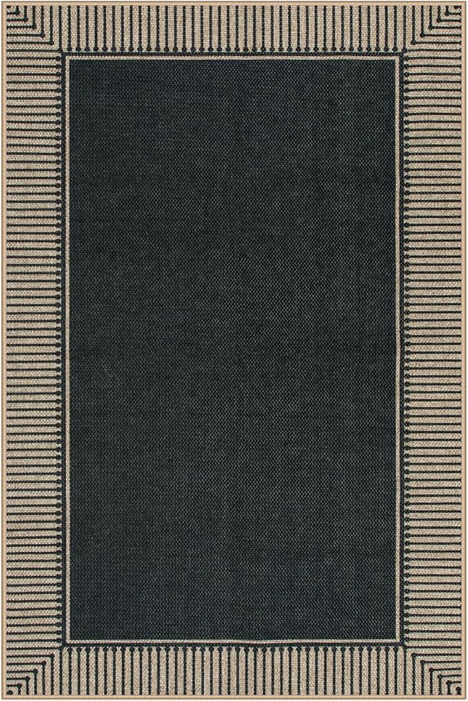Moynesa Striped Border Easy Jute Outdoor Rug 4x6, Washable Indoor Outdoor Patio Area Rugs for Balcony Backyard Non Slip, Modern Classic Farmhouse Carpet for Living Room, Black