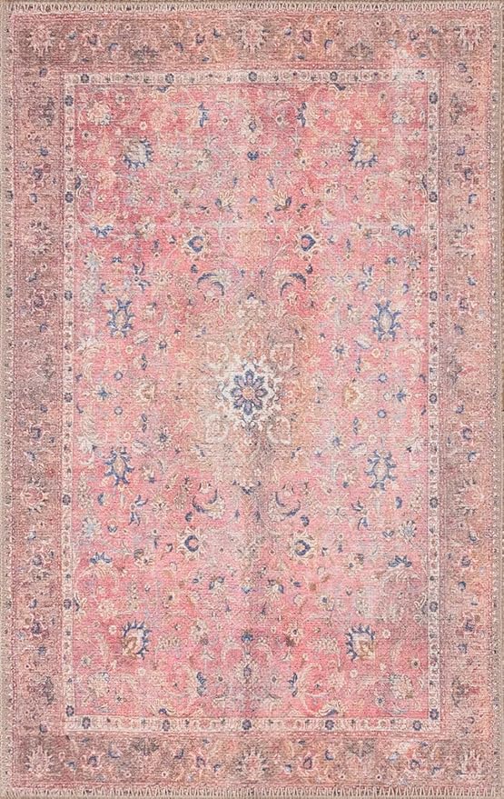 GLN Rugs Traditional Collection - Machine Washable Area Rug, Traditional Washable, Non Slip, Low Pile Chenille Rug, Living Room, Bedroom, Kitchen Rug (5' x 7' Pink/Cream)