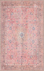 GLN Rugs Traditional Collection - Machine Washable Area Rug, Traditional Washable, Non Slip, Low Pile Chenille Rug, Living Room, Bedroom, Kitchen Rug (5' x 7' Pink/Cream)