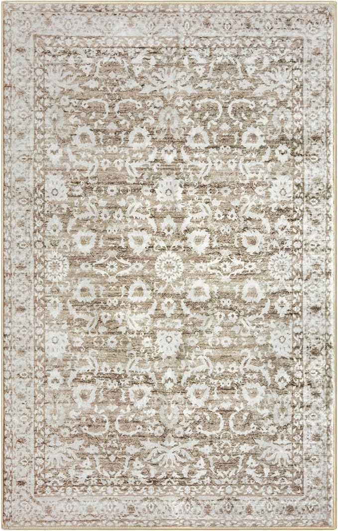 Vintage Floral 3x5 Rug, Beige Tan White Entryway Rug Neutral Small Area Rug Washable Non-Slip Throw Rug, Thin Printed Faux Wool Kitchen Rugs Super Soft Capet for Entrance Bedroom Office