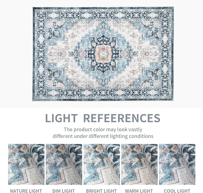 Washable 6×9 Area Rug for Living Room, Vintage Floral Rug Soft Non Slip Stain Resistant Boho Carpet for Indoor Bedroom Dinning Room Home Office Blue/Ivory