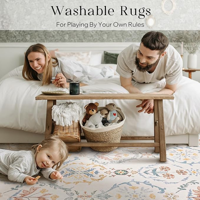 Phantoscope Washable Area Rug 6'x9' Non-Slip, Vintage Floral Boho Rugs for Living Room, Bedroom, DiningRoom, Soft Botanical Moroccan Pattern, Low-Pile Foldable Floor Carpet, Ivory Pink/Boho Garden