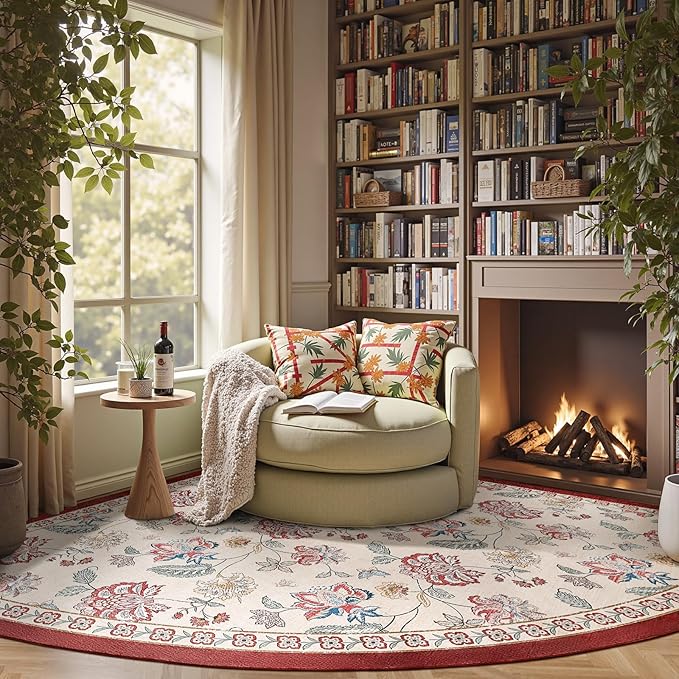 jinchan Elora Floral Corner Rug for Living Room Washable Bedroom Rug Vintage Romance Design Non Slip Quarter Circle Lightweight Low-Pile Throw Carpet for Reading Nook Playroom,7ft Radius, Red/Beige