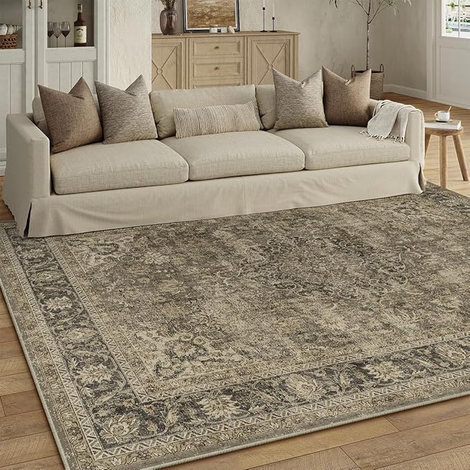 6x9 Washable Brown Area Rug Vintage Living Room Bedroom Carpet Non-Slip Soft Low Pile Distressed Indoor Throw Rug for Dining Room Entryway Office