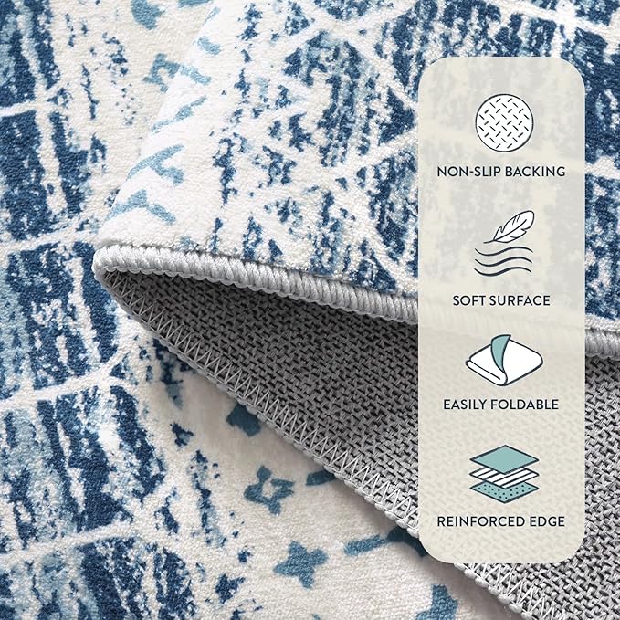 Lahome Moroccan Entryway Rugs Indoor 2x3 Area Rug Blue Non-Slip Backing Washable Indoor Mats for Entryway Low-Profile Throw Soft Rugs for Bathroom, Geometric Print Door Rug for Kitchen Bedside