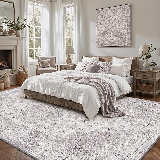 LUMI 8x10 Washable Low-Pile Area Rug for Living Room, Ultra Soft Vintage Rugs with TPE Non Slip Backing, Stain Resistant, Low Profile Carpet High Traffic for Bedroom, Dining Room