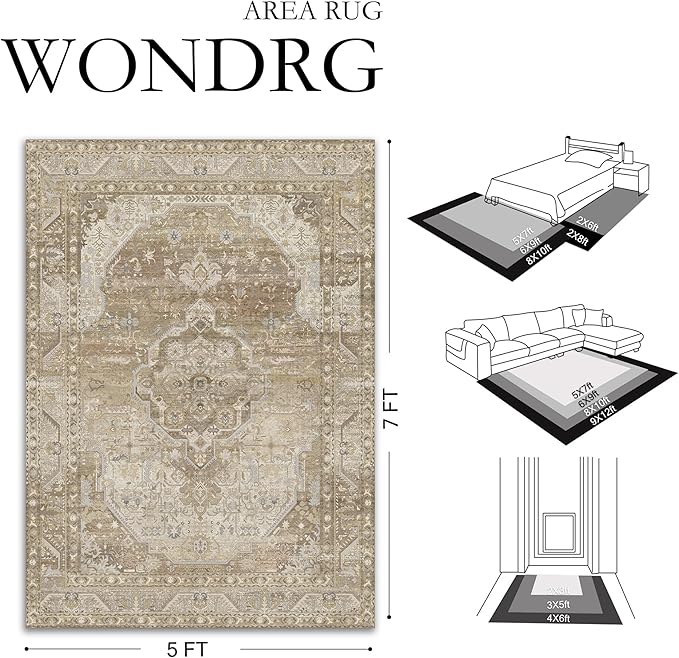 5x7 Washable Vintage Area Rug for Living Room Bedroom Non Slip Distressed Traditional Soft Large Throw Rug Beige Brown Low Pile Lightweight Floral Carpet Office Classroom Dining Laundry Room