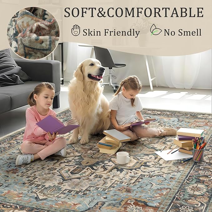 4x6 Machine Washable Area Rug for Living Room, Blue Beige Boho Vintage Floral Rug Large Non-Slip Low Pile Soft Faux Wool Carpet, Kids and Pets Friendly for Bedroom Dining Room Farmhouse Decor Rug