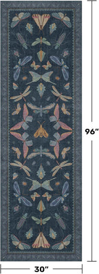Vintage 2'6"x8' Kitchen Rugs Washable, Non Slip 8ft Long Rugs for Hallway, Stain Resistant Indoor Mats for Entryway, Dark Blue Insect Moth Home Décor, Low Pile & Soft