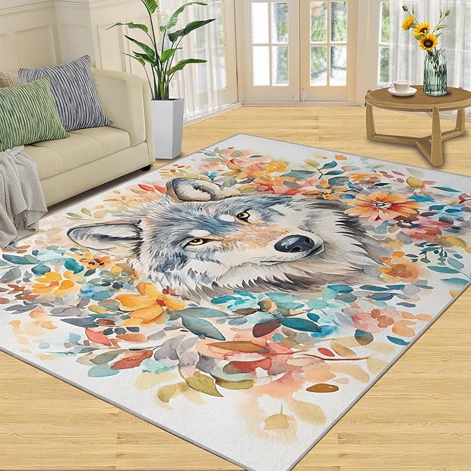8x10 Wolf Rugs for Living Room - Watercolor Florals Large Area Rug, Animals Modern Boy Nursery Rug Soft Washable for Classroom Office Bedroom Kids Room