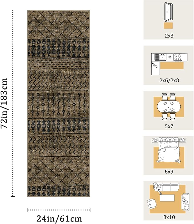2x6 Machine Washable Runner Rug, Kitchen Hallway Area Rug, Brown Black Vintage Moroccan Rug Ultra Non-Slip Low Pile Soft Faux Wool Carpet, Kids and Pets Friendly for Bedroom Entryway Bedside Decor Rug