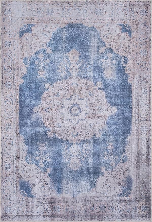 GLN Rugs Traditional Collection - Machine Washable Area Rug, Traditional Washable, Non Slip, Low Pile Chenille Rug, Living Room, Bedroom, Kitchen Rug (6' x 9' Cream/Navy)