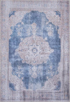 GLN Rugs Traditional Collection - Machine Washable Area Rug, Traditional Washable, Non Slip, Low Pile Chenille Rug, Living Room, Bedroom, Kitchen Rug (6' x 9' Cream/Navy)