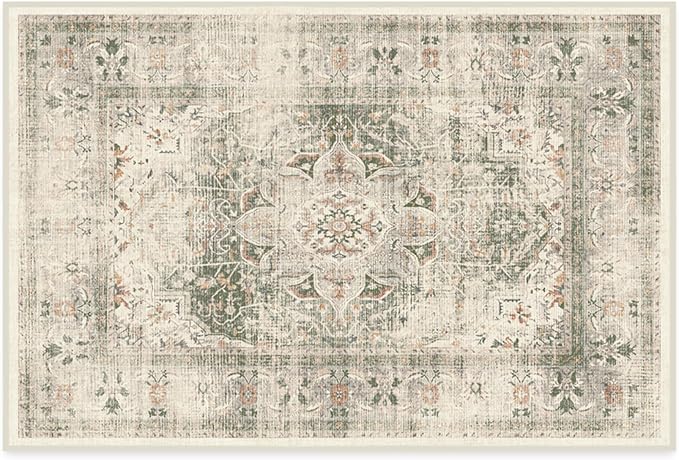 RUGGABLE Washable Vintage Area Rug – Sarrah Sage 2x3, Stain-Resistant, Non-Slip – Small Machine Washable Rugs for Living Room, Bedroom, Hallway, Entryway & Bathroom–with Cushioned Pad