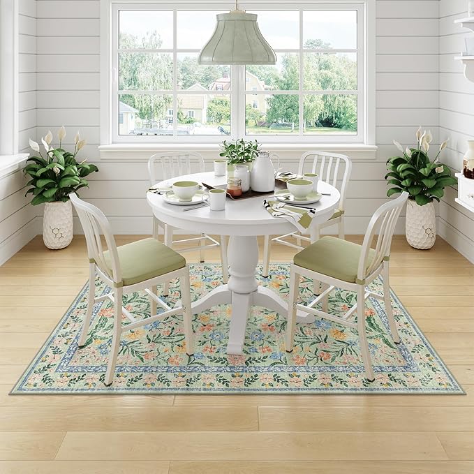 Morebes Washable Area Rugs 5x7 for Living Room, Boho Floral Green and Pink Nursery Rug Non Slip, Soft Vintage Flower Indoor Floor Carpet for Bedroom Dining Room, Sage Green