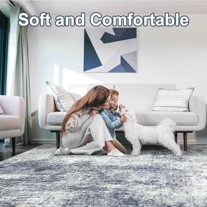 Washable Area Rug for Living Room 6x9 - Neutral Modern Abstract Rugs, Soft Non Slip Thin Carpet with for Bedroom, Under Dining Room Table, Home, Office, Dorm - Indigo Gray