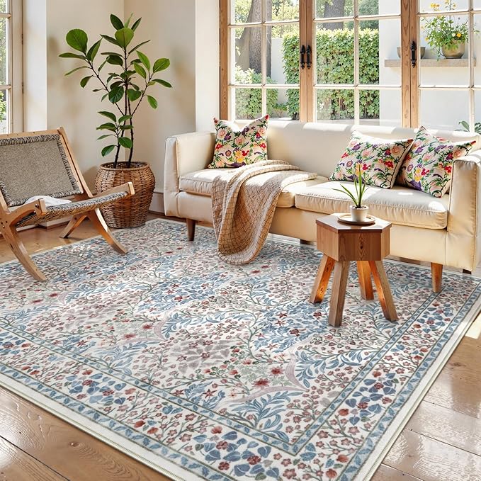 Lahome Floral Washable Area Rugs 5x7, Soft Beige Rugs for Living Room Bedroom, Boho Non Slip Low Pile Forest Design Large Throw Carpet for Farmhouse Dining Room Nursery, Beige/Blue