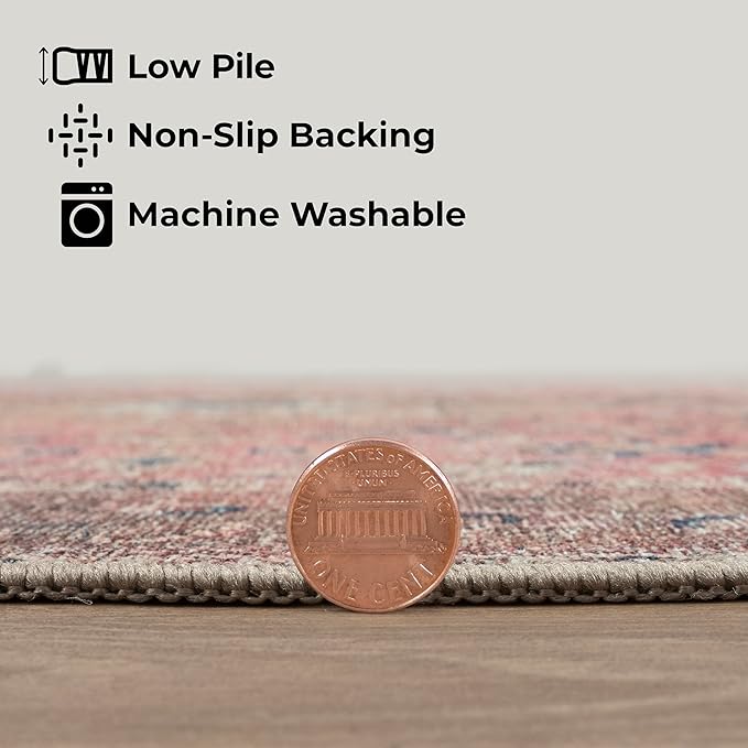 GLN Rugs Traditional Collection - Machine Washable Area Rug, Traditional Washable, Non Slip, Low Pile Chenille Rug, Living Room, Bedroom, Kitchen Rug (2' x 3' Pink/Cream)